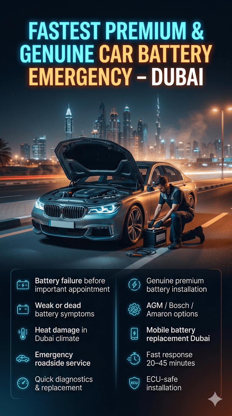 Premium automotive user guide infographic showing emergency car battery replacement service in Dubai with technician replacing battery in luxury car, skyline background, and step-by-step roadside assistance points.