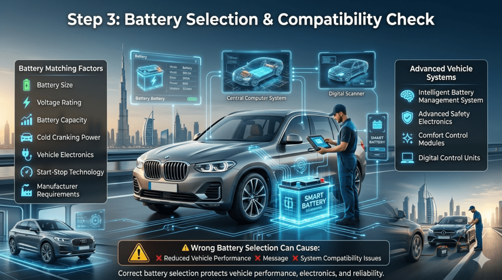 Car battery selection and compatibility check Dubai showing battery size, voltage, vehicle electronics testing, and smart vehicle system matching