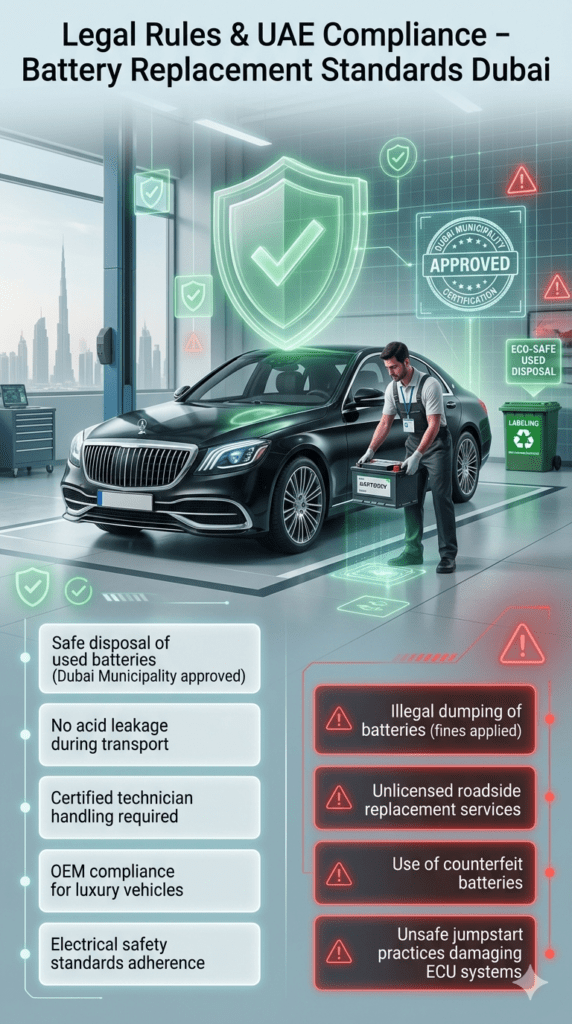 Luxury Dubai automotive compliance scene showing certified technicians handling car battery replacement under UAE legal standards with safety rules and violation warnings displayed in infographic format.