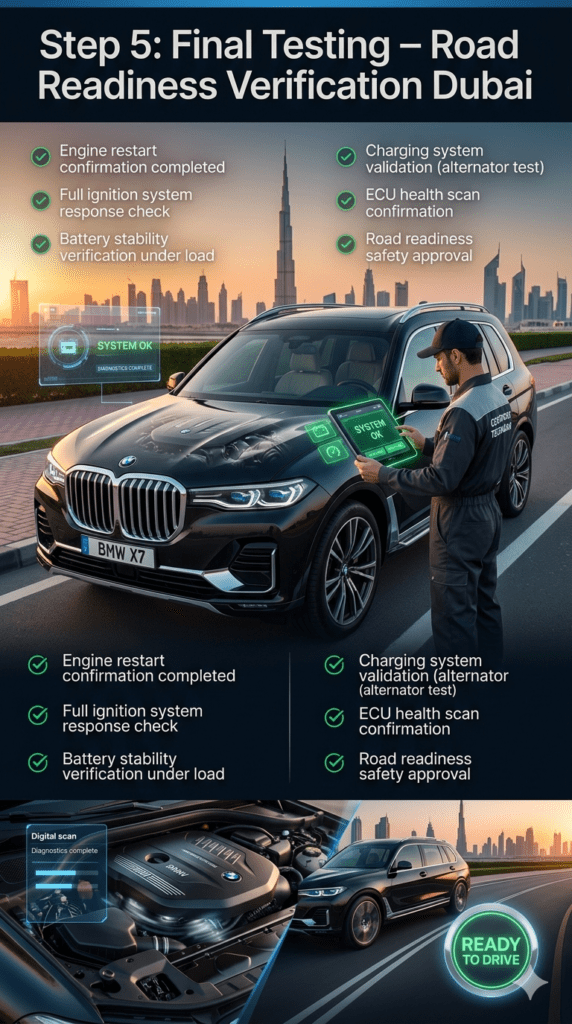 Luxury roadside battery replacement final testing in Dubai showing engine restart, charging system validation, and road readiness confirmation with technician and diagnostic tools
