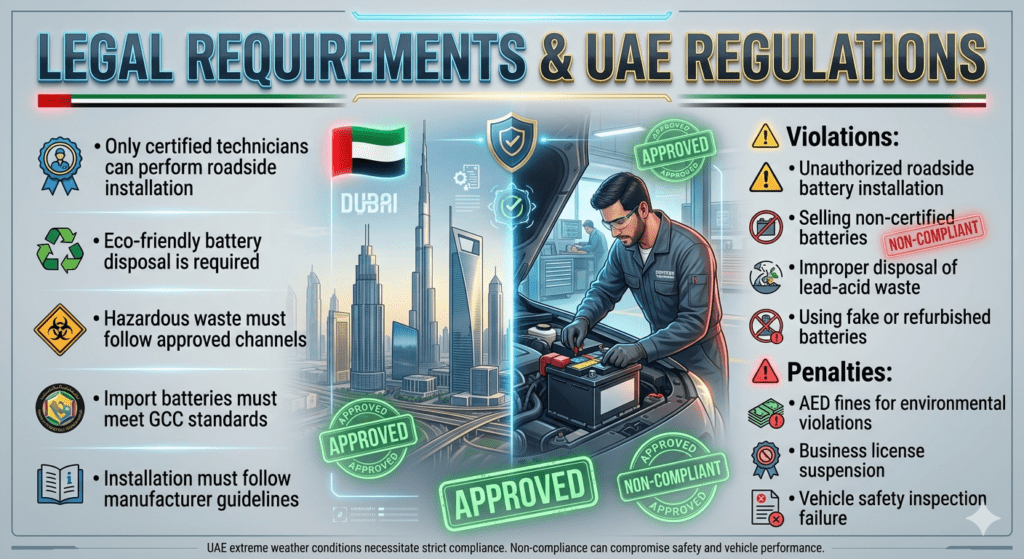 Automotive legal infographic showing UAE car battery replacement regulations, certified technician requirements, eco-friendly disposal rules, and penalties for violations.