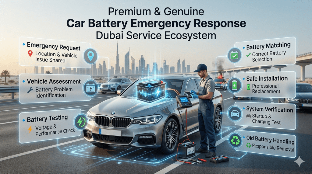 Premium and genuine car battery emergency response Dubai service ecosystem showing mobile battery testing, vehicle assessment, safe installation, and roadside assistance process