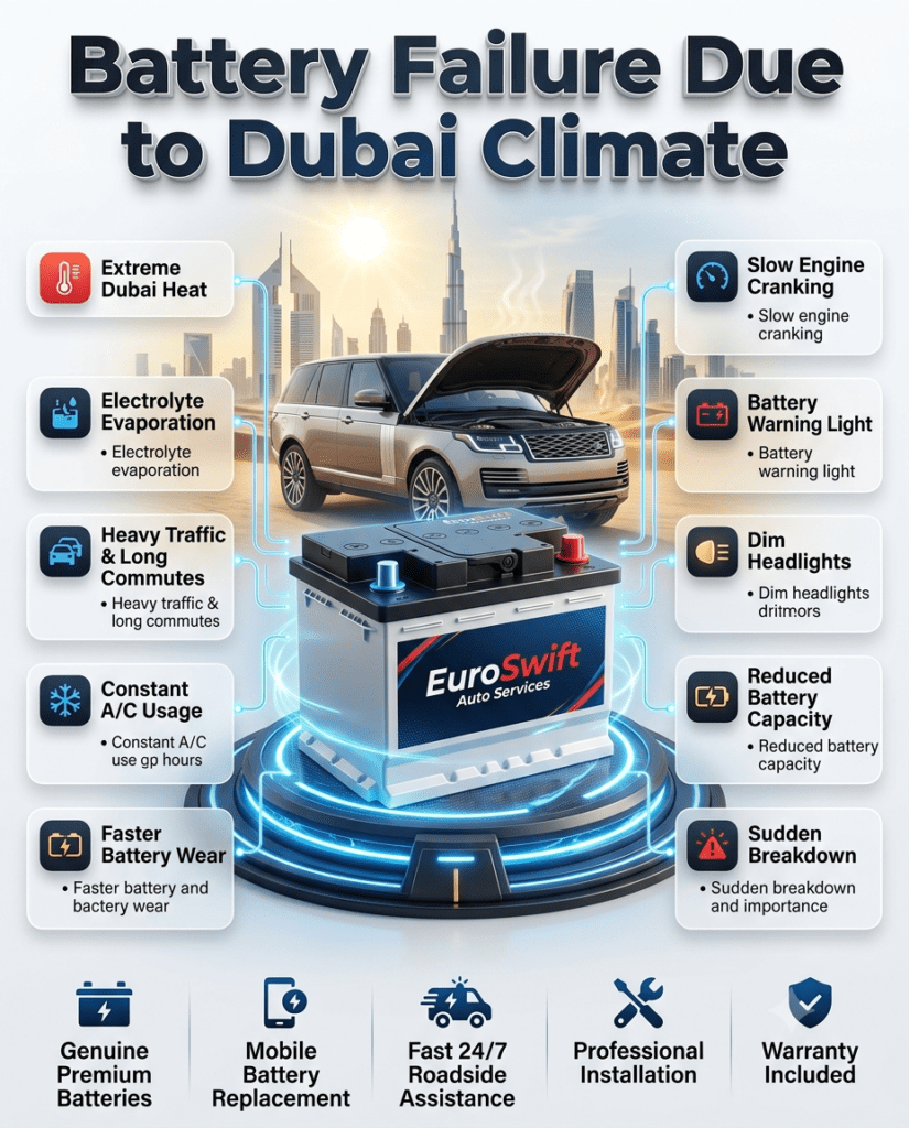 Battery Failure Due to Dubai Climate infographic showing the main causes, warning signs, and professional car battery replacement services in Dubai with a premium EuroSwift Auto Services battery.