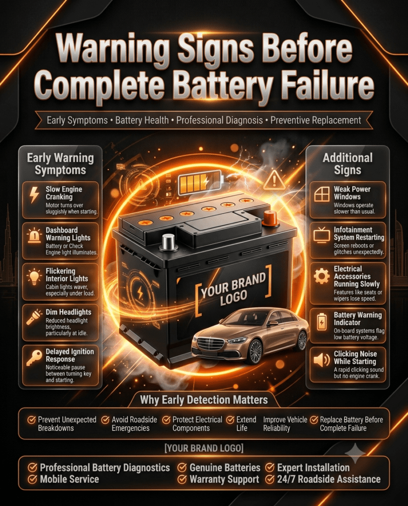 Warning Signs Before Complete Battery Failure | Battery Warning Symptoms Guide Warning Signs Before Complete Battery Failure infographic showing early battery failure symptoms, dashboard alerts, dim headlights, slow engine cranking, and expert battery diagnostics.