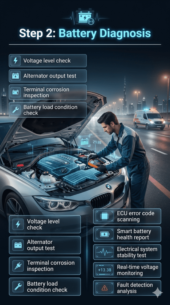 Roadside battery diagnosis process in Dubai showing a technician checking voltage, alternator output, terminal corrosion, and ECU error codes using digital diagnostic tools on a luxury car.