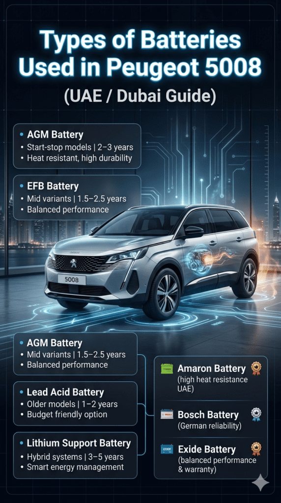 Peugeot 5008 battery types infographic showing AGM, EFB, lead acid, and lithium batteries with UAE lifespan and recommended brands like Amaron, Bosch, and Exide.