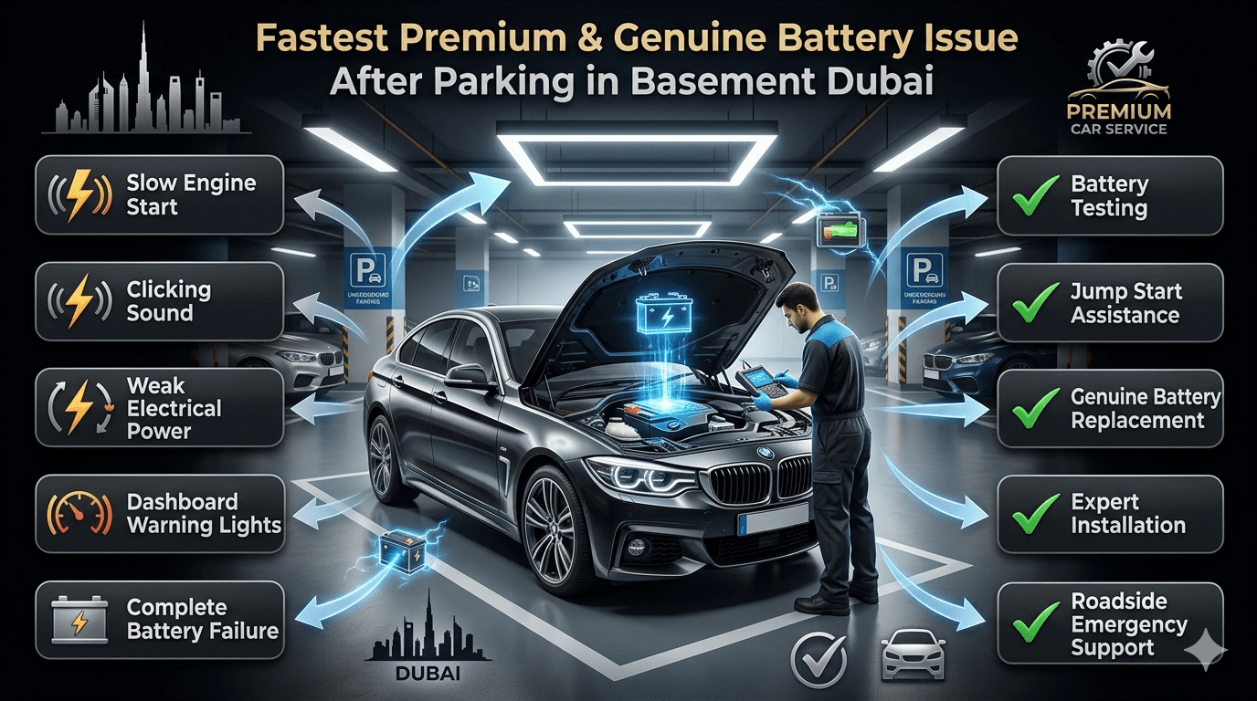 Fastest premium and genuine car battery issue after parking in basement Dubai showing battery failure signs, vehicle inspection, and emergency replacement solutions.