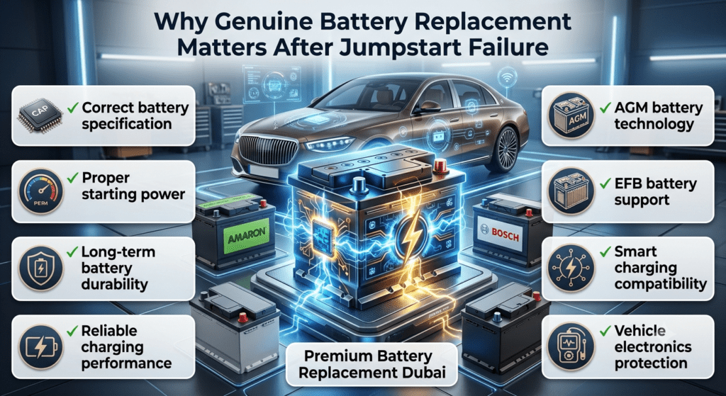 Premium genuine car battery replacement after jumpstart failure showing correct battery selection, AGM technology, and vehicle protection guide