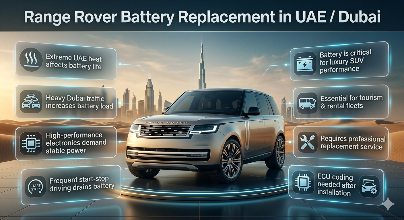 Luxury infographic showing Range Rover battery replacement importance in UAE Dubai with futuristic UI panels highlighting heat, traffic, electronics load, and professional service needs.