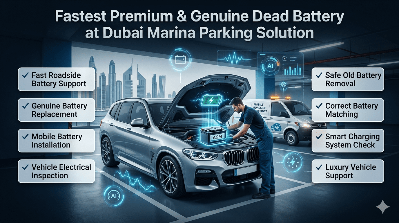 Fastest premium genuine dead battery at Dubai Marina parking solution with luxury car battery replacement service, roadside assistance, and professional battery installation