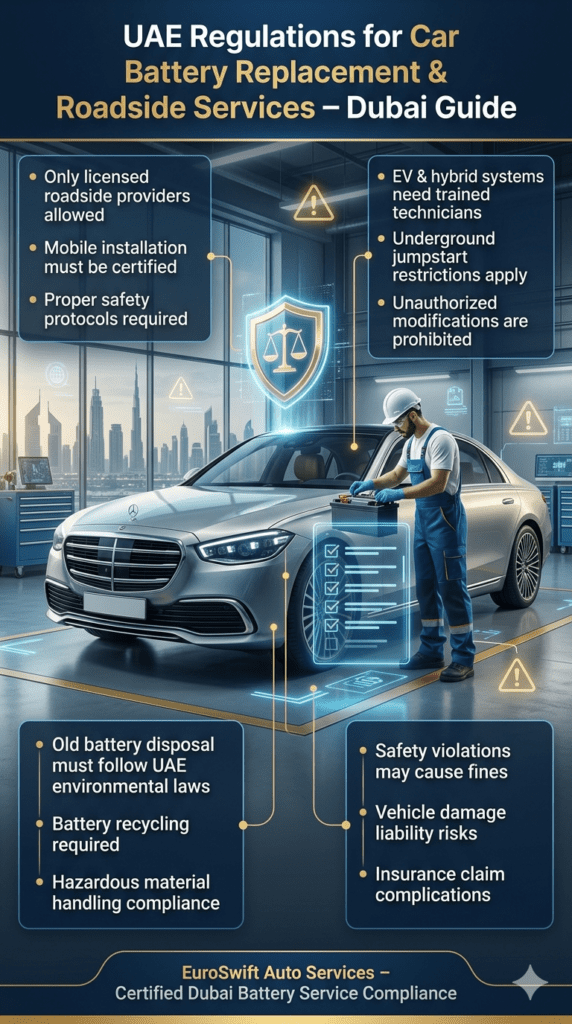 UAE Regulations for Car Battery Replacement & Roadside Services – Dubai Safety Guide Regulation infographic showing UAE rules for car battery replacement and roadside services in Dubai including licensing, safety laws, EV technician requirements, and environmental disposal guidelines.