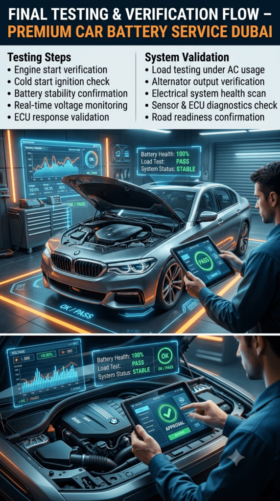 Automotive final testing infographic showing engine start verification, load testing, and electrical system validation after car battery replacement in Dubai.