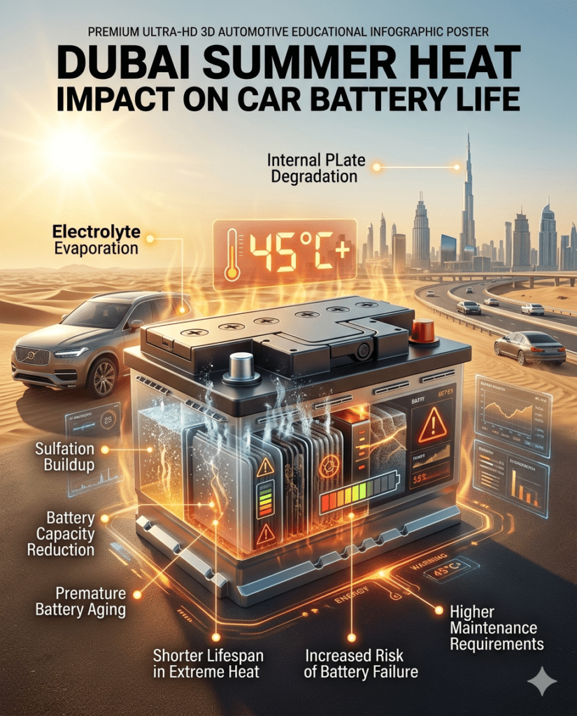Dubai summer heat above 45°C causing car battery electrolyte evaporation, sulfation buildup, capacity reduction, and premature battery aging.