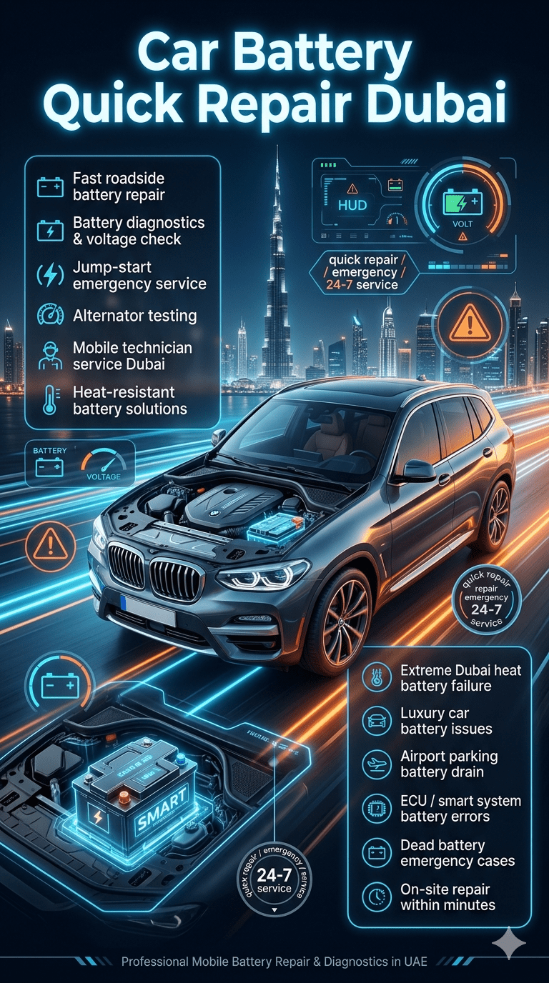 Car Battery Quick Repair Dubai infographic showing luxury car battery diagnostics, roadside emergency repair services, mobile technician support, and battery failure solutions in UAE extreme heat conditions.