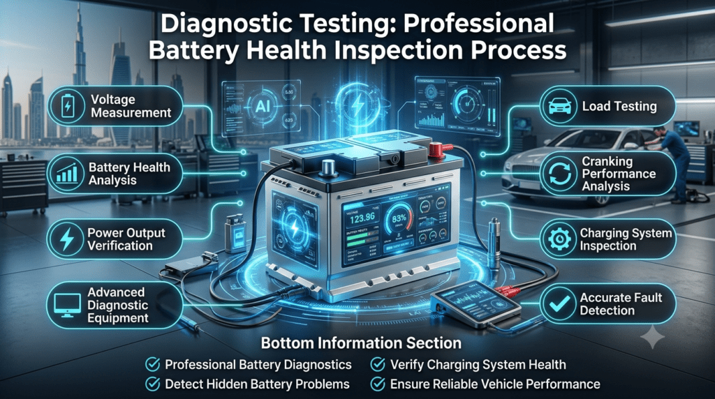 Diagnostic testing infographic showing voltage measurement, load testing, cranking performance analysis, and charging system inspection using advanced automotive battery diagnostic equipment.