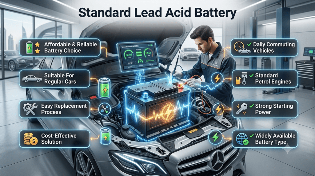 Standard lead acid car battery guide showing affordable, reliable, and easy replacement battery solution for regular vehicles.