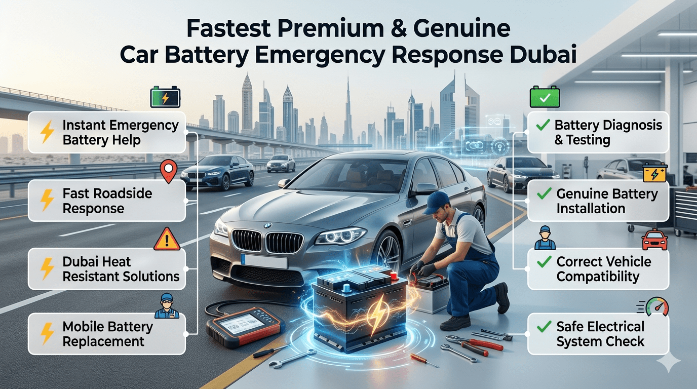 Fastest premium and genuine car battery emergency response Dubai with mobile roadside battery replacement, vehicle diagnosis, and professional technician service