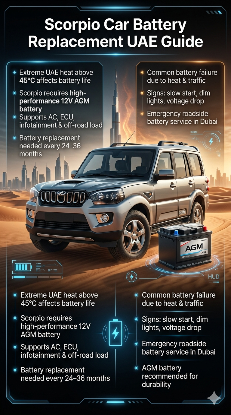 Infographic showing Mahindra Scorpio SUV with AGM battery replacement guide for UAE Dubai including heat impact, battery warning signs, and maintenance tips.