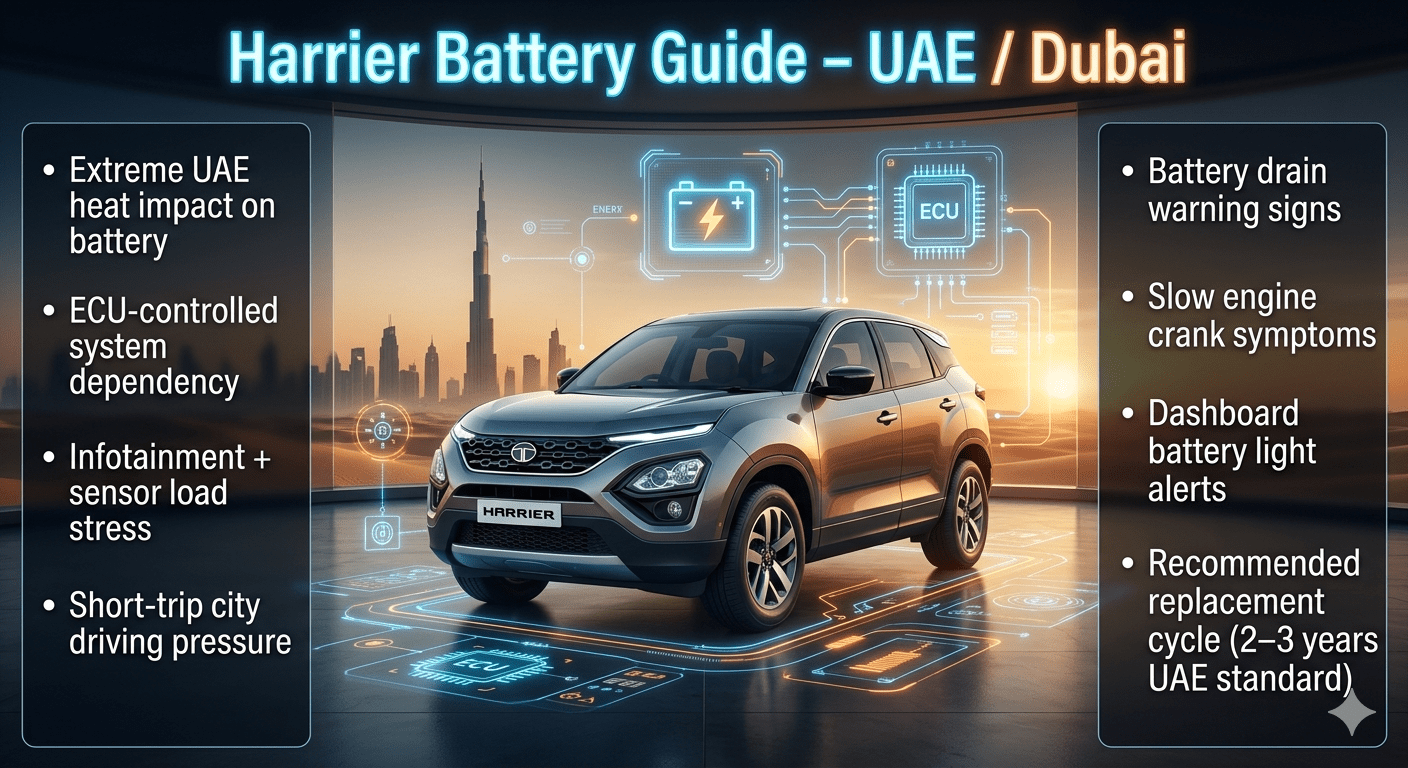 Premium infographic of Tata Harrier SUV showing battery system guide for UAE Dubai conditions with futuristic HUD elements and technical side panels explaining battery issues and replacement cycle.
