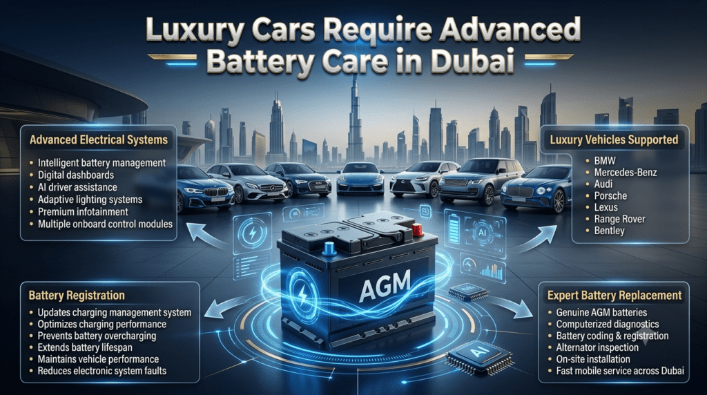 Luxury Car Battery Replacement Dubai | AGM Battery & Battery Registration Guide Luxury car battery replacement infographic showing BMW, Mercedes-Benz, Audi, Porsche, Lexus, Range Rover, and Bentley with AGM battery installation and battery registration process in Dubai.