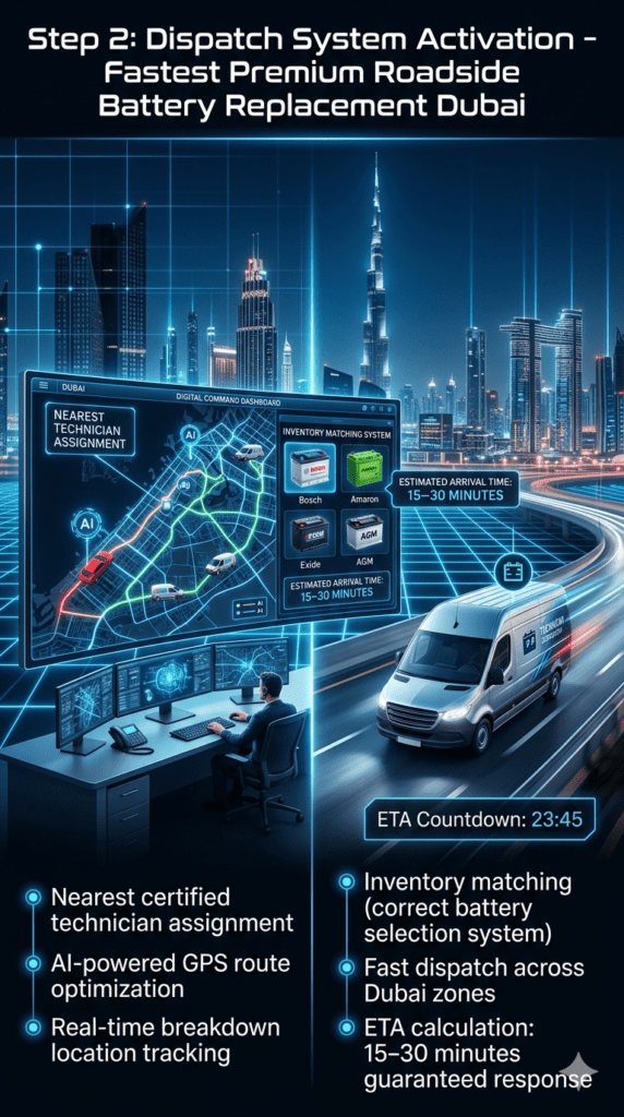 Futuristic roadside battery replacement dispatch system in Dubai showing technician assignment, inventory matching, and real-time GPS tracking with 15–30 minute ETA