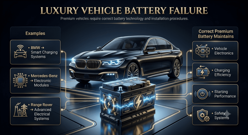 Luxury vehicle battery failure infographic showing premium battery technology, BMW smart charging systems, Mercedes electronic modules, Range Rover electrical systems, and benefits of correct battery installation.