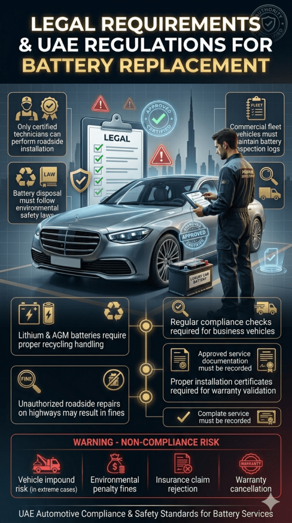 UAE Legal Requirements for Car Battery Replacement – Dubai Compliance & Safety Rules Guide Premium legal infographic showing UAE regulations for car battery replacement in Dubai, including certified technician rules, recycling laws, fleet compliance, and penalties for violations.