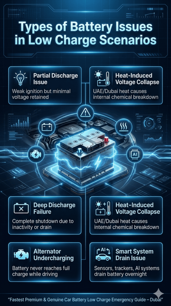 Types of Car Battery Low Charge Issues – Complete Automotive Guide Premium automotive infographic showing types of car battery low charge issues including partial discharge, deep discharge, alternator undercharging, heat-induced failure, and smart system drain with a central glowing car battery illustration.