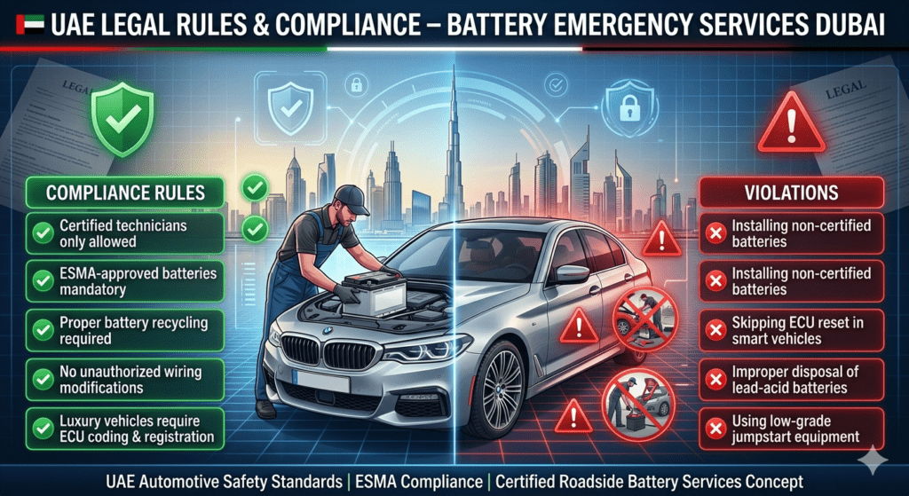 Legal Rules & UAE Compliance for Car Battery Emergency Services in Dubai Infographic showing UAE legal rules and compliance for car battery replacement in Dubai including certified technicians, ESMA standards, and violation warnings.