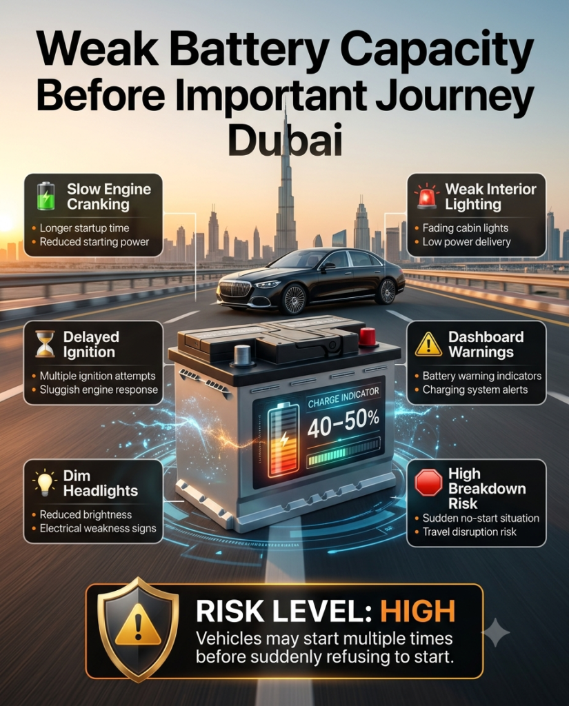 Premium automotive infographic showing a weak car battery in the center with a luxury vehicle and Dubai skyline background. The title "Weak Battery Capacity Before Important Journey Dubai" appears at the top. Animated callout panels highlight slow engine cranking, delayed ignition, dim headlights, weak interior lighting, dashboard warnings, and high breakdown risk. Futuristic battery diagnostics and premium automotive design elements surround the central battery.