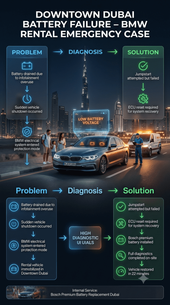 Luxury BMW rental car breakdown in Downtown Dubai with battery failure caused by infotainment drain, showing technician performing mobile battery replacement with Burj Khalifa in background.