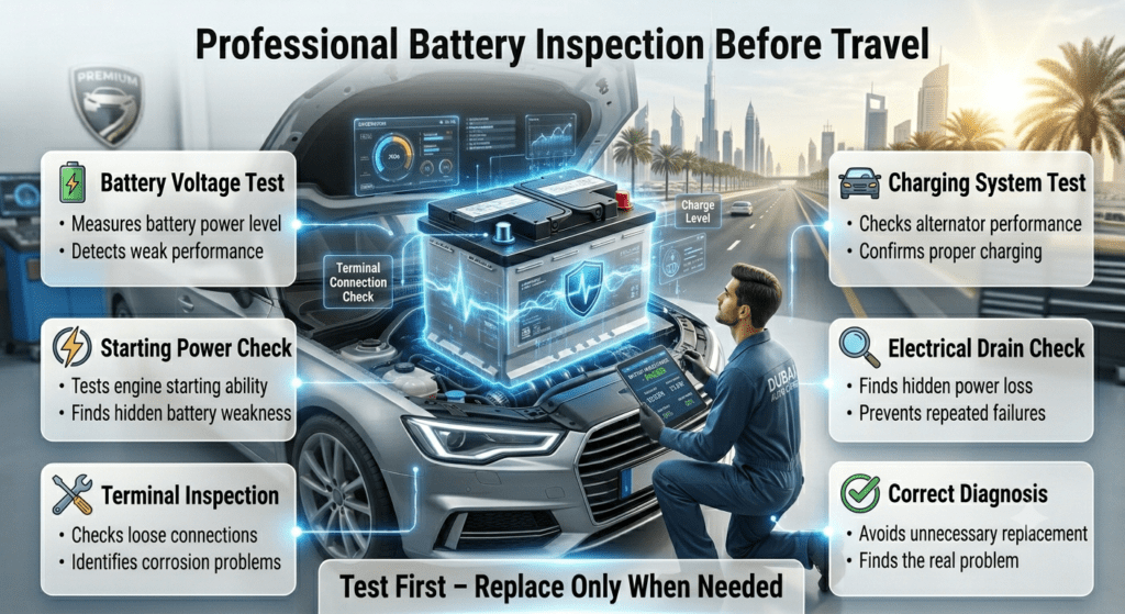 Professional Car Battery Inspection Before Road Trip Dubai Professional technician inspecting car battery before travel using voltage testing, starting power checks, terminal inspection, and charging system diagnosis.