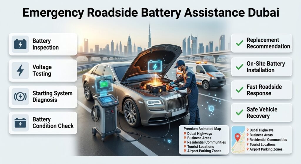 Emergency roadside battery assistance Dubai infographic showing battery inspection, voltage testing, vehicle diagnosis, on-site battery replacement, and roadside support locations.