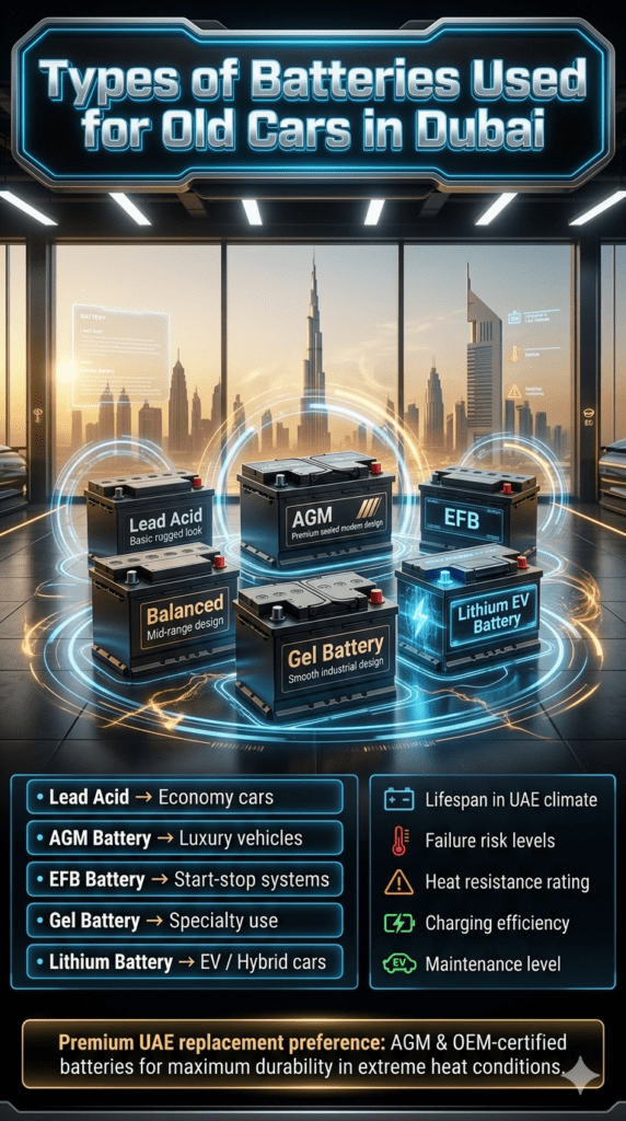Infographic showing different car battery types used in old cars in Dubai including Lead Acid, AGM, EFB, Gel, and Lithium with lifespan and performance comparison.