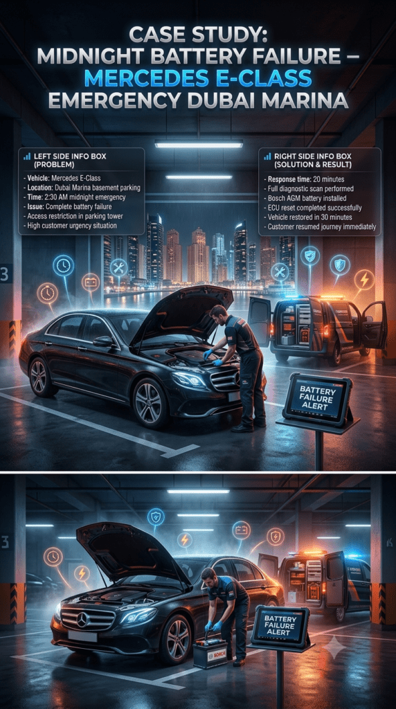 Case Study: Midnight Mercedes Battery Failure Dubai Marina – Fast Emergency Replacement Luxury automotive case study infographic showing midnight Mercedes E-Class battery failure in Dubai Marina basement parking with fast emergency 24-hour battery replacement service restoring the vehicle.