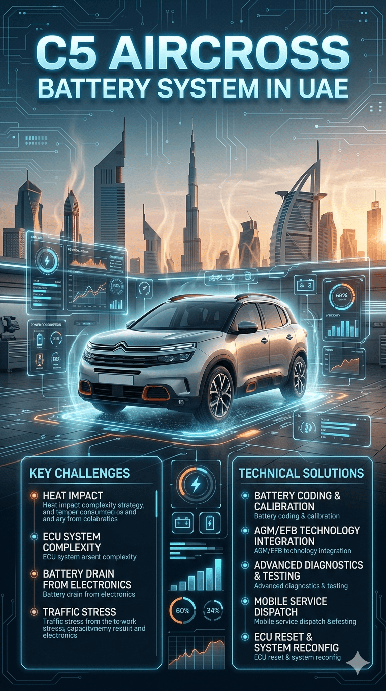 Citroën C5 Aircross SUV displayed in a futuristic Dubai automotive workshop infographic showing battery system challenges, ECU control, and heat impact in UAE conditions.