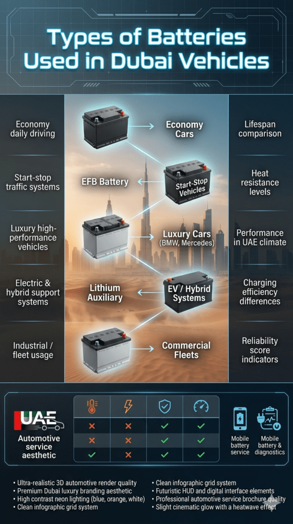 Premium automotive infographic showing different types of car batteries used in Dubai including Lead Acid, EFB, AGM, Lithium Auxiliary, and Deep Cycle with usage, lifespan, and suitability in UAE heat conditions.
