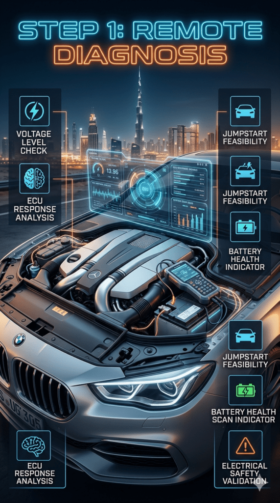 Infographic showing Step 1 Remote Diagnosis for car battery issues in Dubai, including voltage level check, ECU response analysis, and jumpstart feasibility testing using a luxury diagnostic system.