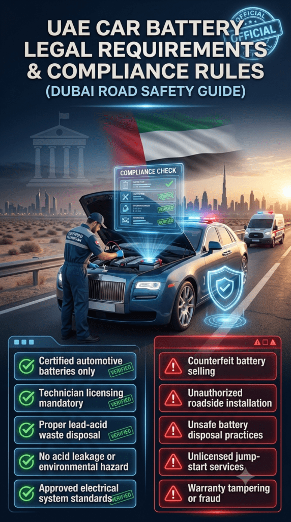 Dubai automotive legal compliance infographic showing UAE car battery regulations including certified batteries, technician licensing, waste disposal rules, and violation warnings in emergency roadside scenarios.