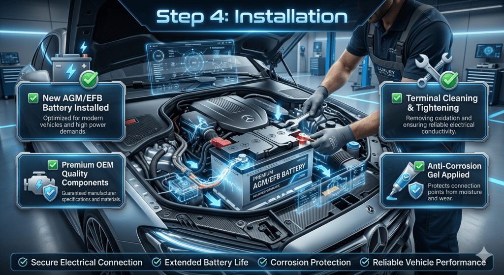 Professional AGM battery installation infographic showing new battery installation, terminal cleaning, tightening procedures, and anti-corrosion gel application in a luxury vehicle.