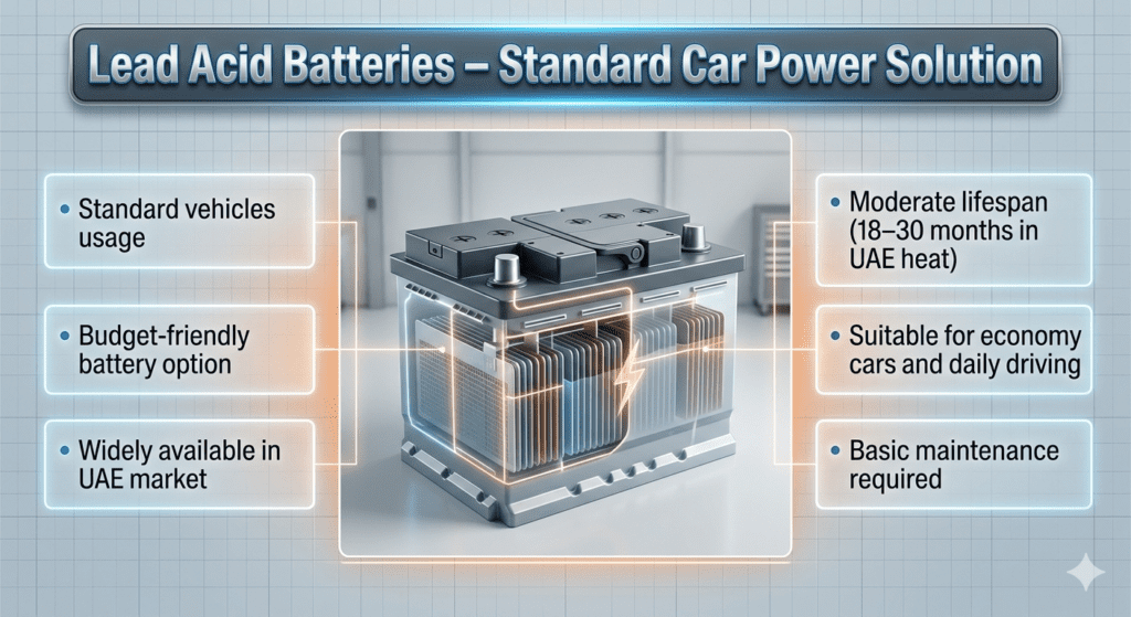 Infographic showing lead acid car battery structure with labeled features, standard vehicle usage, and lifespan details in UAE conditions.