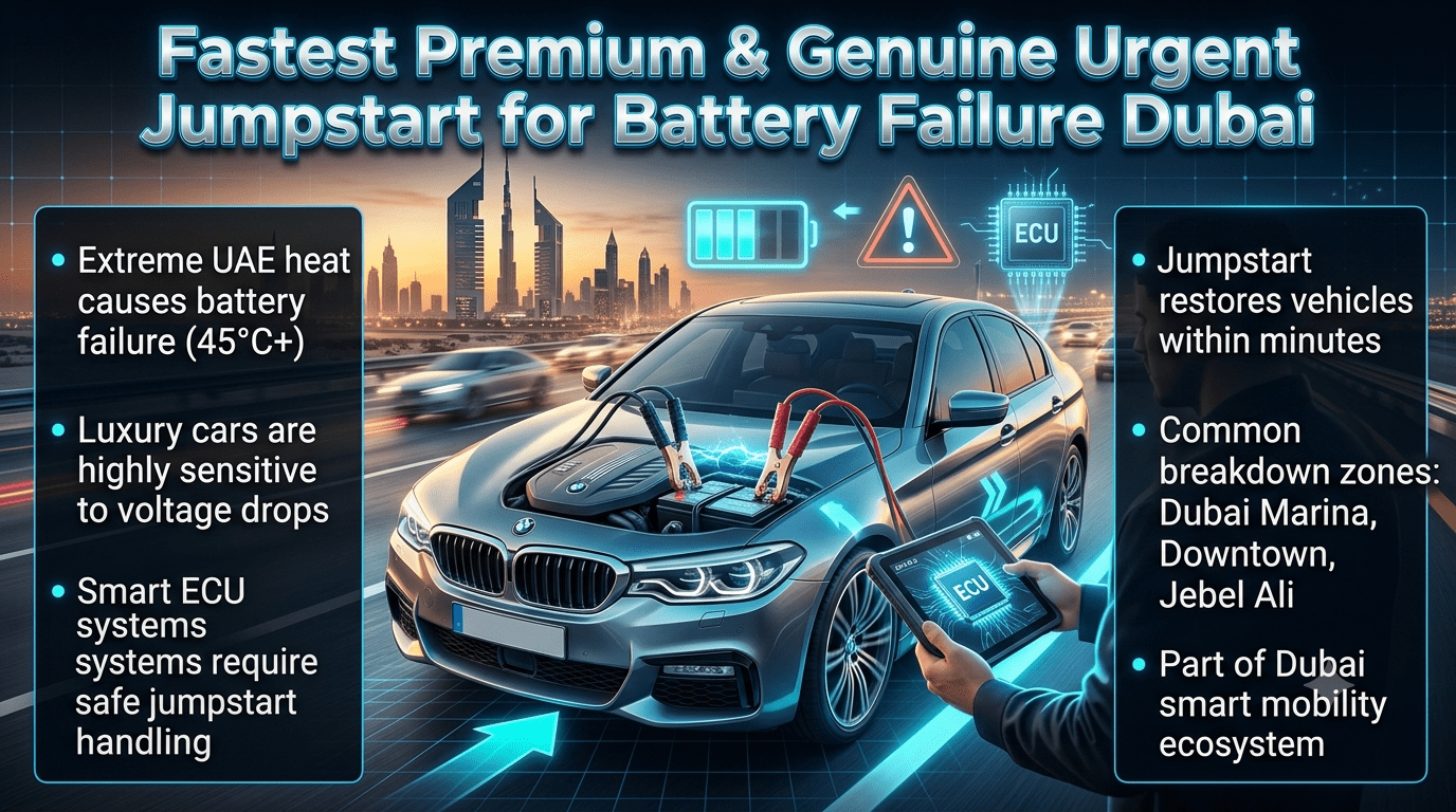 Premium roadside technician performing urgent jumpstart on luxury car in Dubai under extreme heat conditions, highlighting battery failure emergency service with modern diagnostic tools and urban skyline background.