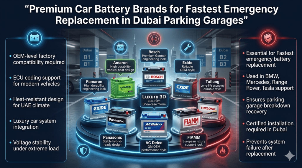 Infographic showing Bosch, Amaron, Exide, Panasonic, AC Delco, FIAMM, and Tuflong car batteries used in Dubai emergency parking garage battery replacement services.