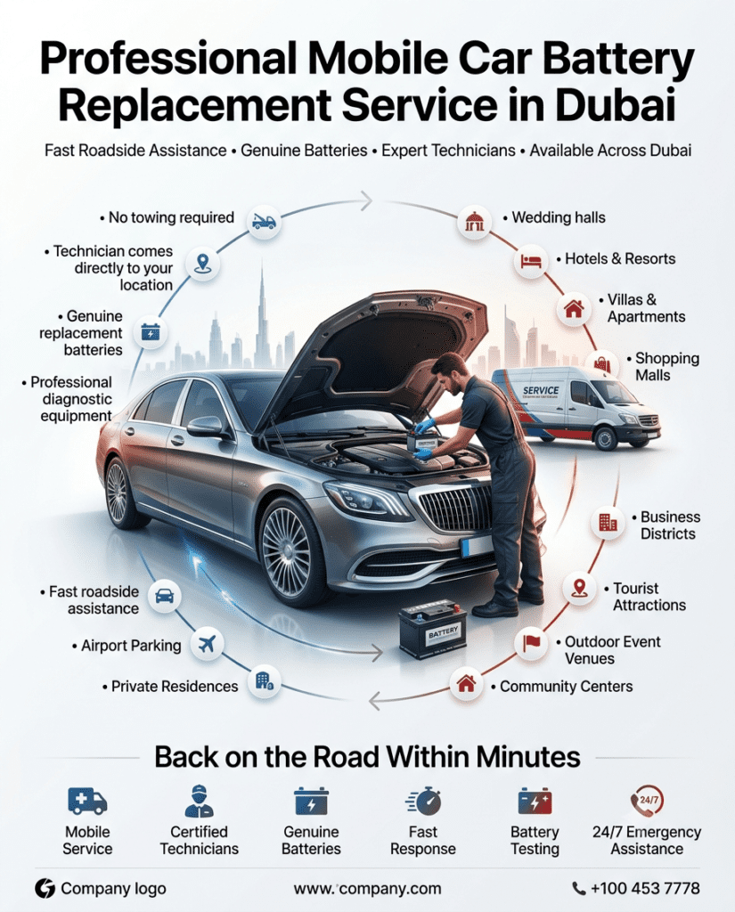 Professional Mobile Car Battery Replacement Service in Dubai | Fast Roadside Assistance Professional mobile car battery replacement service in Dubai featuring a luxury car with its hood open, an expert technician installing a genuine replacement battery, and highlighted roadside service locations including hotels, wedding halls, shopping malls, airports, villas, and business districts.