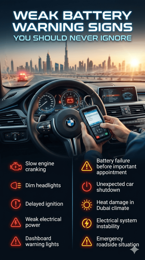 Automotive infographic showing weak car battery warning signs including slow engine start, dim headlights, and dashboard warnings with diagnostic technician and luxury car interior in Dubai.