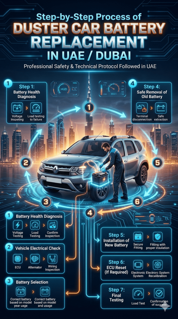 Step-by-step infographic showing Duster car battery replacement process in UAE Dubai including diagnosis, electrical check, battery selection, installation, ECU reset, and final testing.