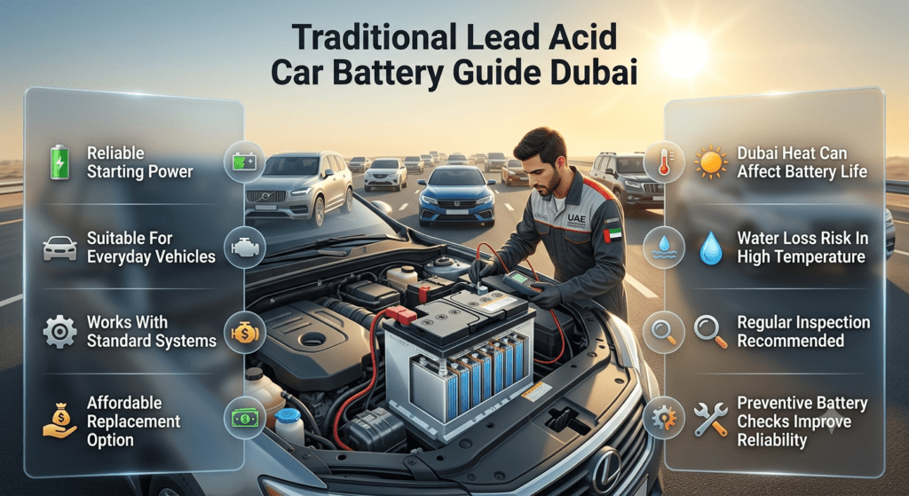 Traditional lead acid car battery guide showing reliable starting power, affordable replacement, everyday vehicle use, and Dubai heat battery maintenance tips.