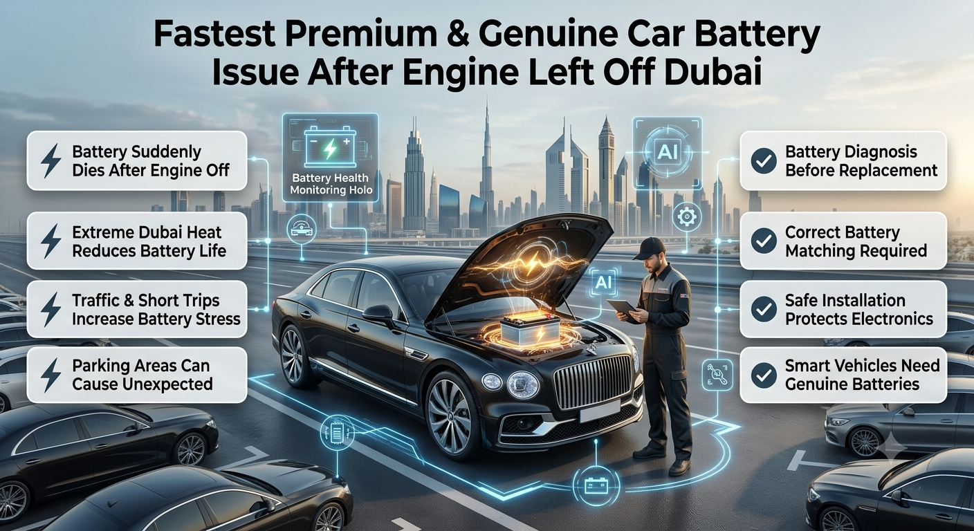 Fastest Premium & Genuine Car Battery Issue After Engine Left Off Dubai user guide showing car battery failure causes, Dubai heat effects, battery diagnosis, and professional replacement service.