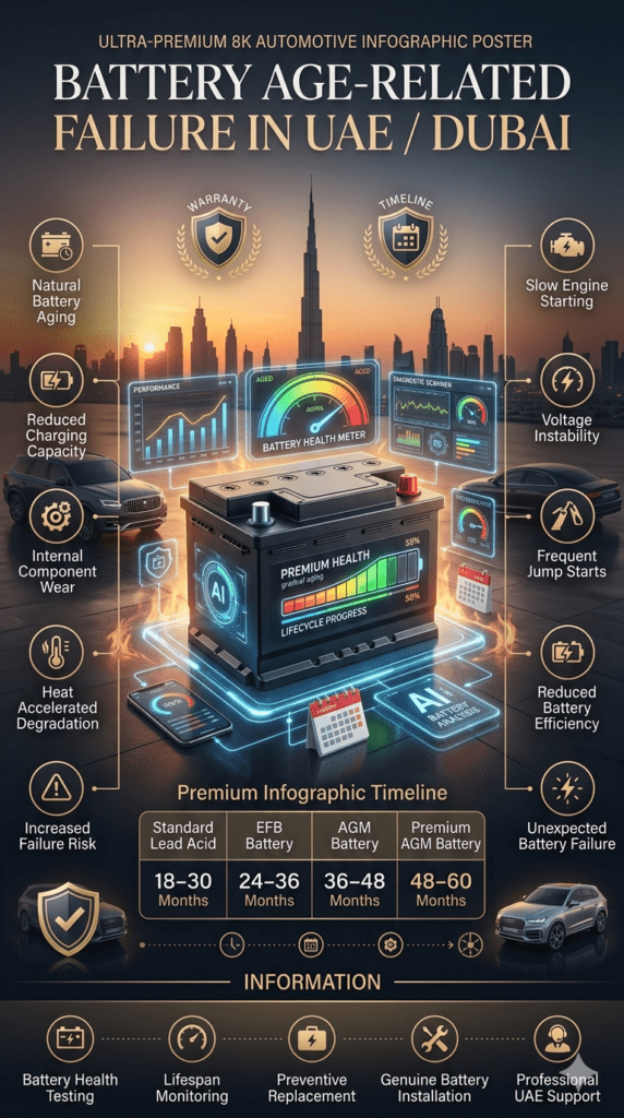 Premium automotive infographic showing battery age-related failure in Dubai, comparing battery lifespan by type including Standard Lead Acid, EFB, AGM, and Premium AGM batteries with replacement timelines.