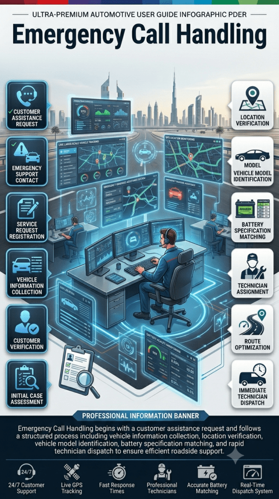 Professional emergency call handling infographic featuring a central customer support and vehicle assistance command center, with animated workflow elements showing customer requests, location verification, vehicle identification, battery matching, and technician dispatch. Premium automotive roadside assistance design with modern technology visuals and clear step-by-step information panels.
